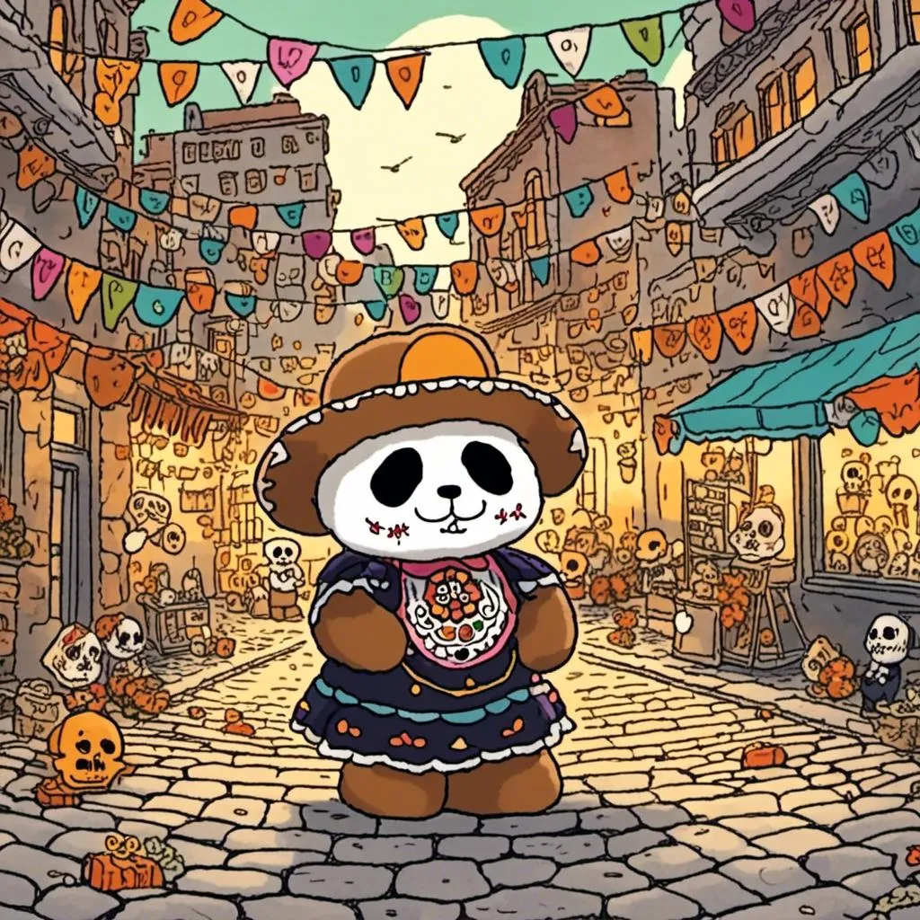 Prompt: a teddy bear dressed in dias de los muertos attire, he is surrounded by an old cobblestone city background.
<mymodel>