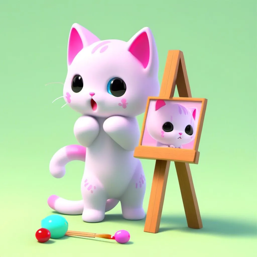 Prompt: <mymodel> a 3d render of kawaii kitten painting on an easel. 