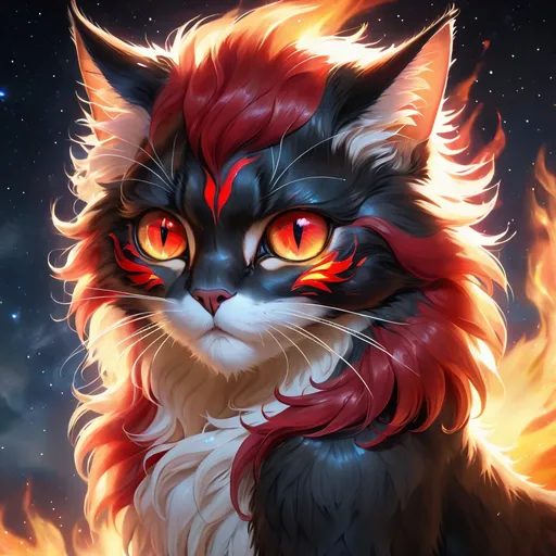 Prompt: warrior cat with {black fur} and {ruby red eyes}, senior male cat, fire element, flame, Erin Hunter, gorgeous anime portrait, beautiful cartoon, 2d cartoon, beautiful 8k eyes, elegant {red fur}, pronounced scar on chest, fine oil painting, modest, gazing at viewer, beaming red eyes, glistening red fur, low angle view, zoomed out view of character, 64k, hyper detailed, expressive, timid, graceful, beautiful, expansive silky mane, deep starry sky, golden ratio, precise, perfect proportions, vibrant, standing majestically on a tall crystal stone, hyper detailed, complementary colors, UHD, HDR, top quality artwork, beautiful detailed background, unreal 5, artstaion, deviantart, instagram, professional, masterpiece