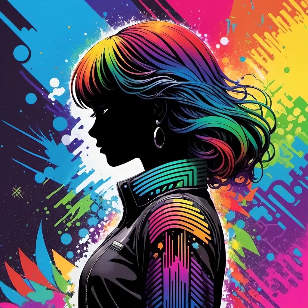 Prompt: Rainbow Cellular automata arranged around a Graffiti Girl's silhouette, on a splashy 1980s inspired backdrop, anime art 