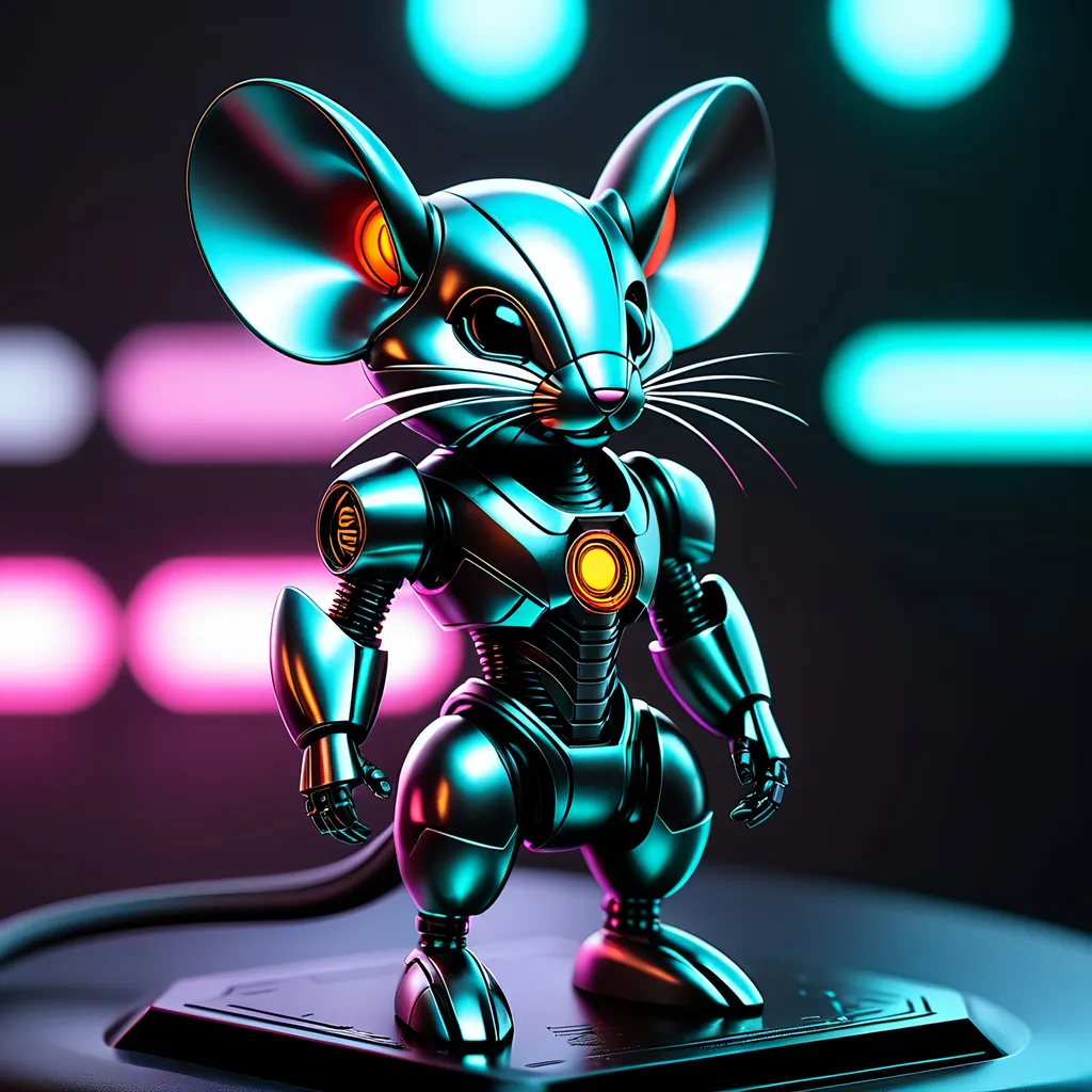 Prompt: Tiny mouse mech, metallic and sleek design, futuristic sci-fi style, intense grey and black color scheme, sparkling neon lights, miniature scale, highres, ultra-detailed, sci-fi, futuristic, metallic sheen, intense color scheme, miniature scale, neon lights, detailed design, professional, atmospheric lighting