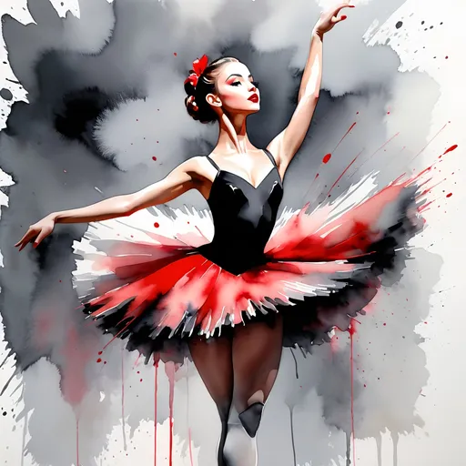 Prompt: young lady ballerina, watercolors, black, gray, white and red, with big attitude, on vaudeville stage