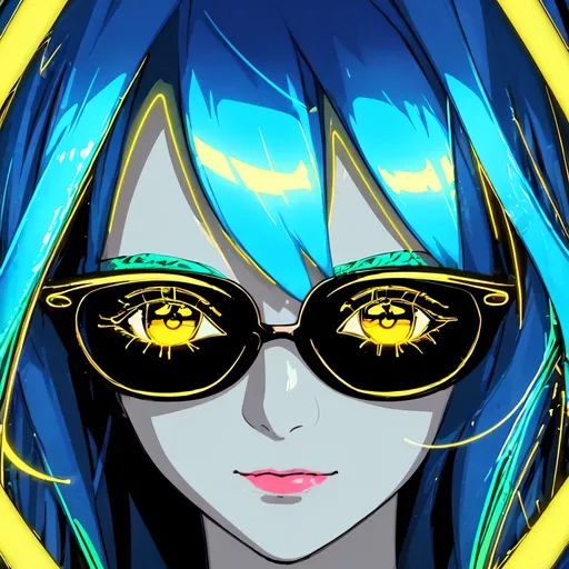 Prompt: Digital art of a girl enveloped in neon light shades. Her glasses mirror the vibrant colors, and her appearance is akin to flowing metal. The UHD resolution brings out every detail, and the golden light casts a shimmering effect. The design is characterized by bold lines, radiant colors, and a throwback retro aesthetic.