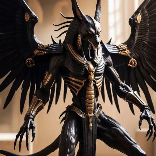 Prompt: Xenomorph anubis with wings, angry, nightmare scene