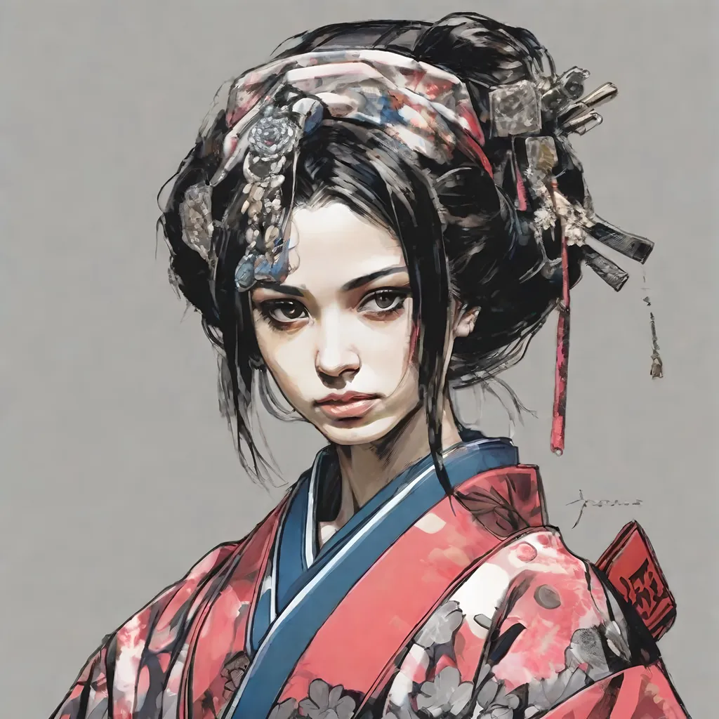 Prompt: (((Yoji Shinkawa))), sticker of ultra detailed portrait of Naomi Scott in japanese kimono,Kanzashi head accessories, high quality cell shaded illustration in post apocalyptic style by Yoji Shinkawa,(((sitting kneeling pose))), ((zoomed in face)),  (((katana))), (((Detailed hands))),perfect anatomy, centered, freedom, soul, blue and pink long hair, approach to perfection, cell shading, 4k , cinematic dramatic atmosphere, watercolor painting, global illumination, detailed and intricate environment, artstation, concept art, fluid and sharp focus, volumetric lighting, cinematic lighting, Art by Yoji Shinkawa and by Ilya Kuvshinov 
