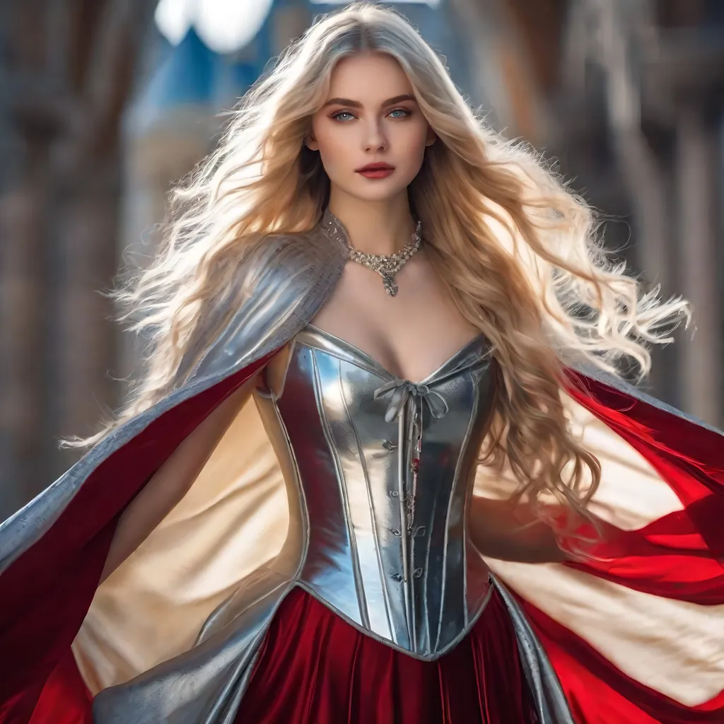 Prompt: beautiful girl age 18, pale skin delicate features, shy smile, perfect face, blue eyes, long flowing blonde hair, shiny silver tunic with high collar, gold metallic corset, short silver skirt, ((flowing red cloak tied at the neck)), silver heels, full length, 8K photo, key light.