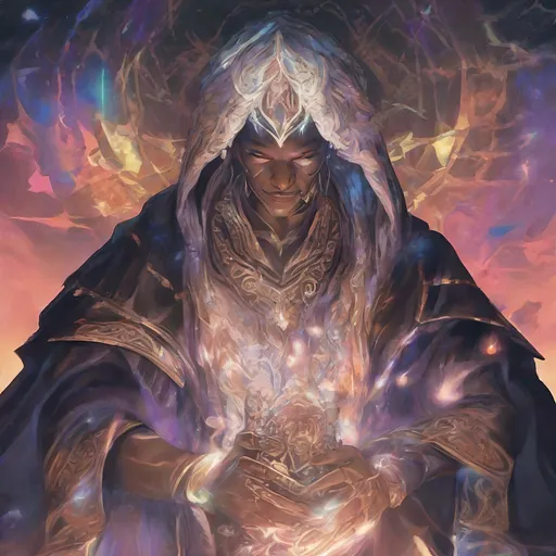 Prompt: Black Celestial male warlock, digital painting, radiant staff, celestial aura, mystical robes, intricate details, high quality, fantasy, vibrant colors, magical glow, cosmic background, glowing runes, otherworldly, celestial, detailed features, mystical, professional, atmospheric lighting