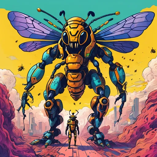 Prompt: Giant honeybee mech hunting some poor souls.
Science Fiction, Retrofuturism, Body horror, Cosmic Horror, Fine inking, Clean linework, comic illustration, flat shading, Colour transitions, Maximalism, Beautifully illustrated forms, beautiful background scenery, Warm and cold colour mix, Triadic colour palette, Dark vibrancy, Complexity, Storytelling, Dynamic Poses, High quality, Sharp focus, Tight colour range, Full scene, Filmic, 