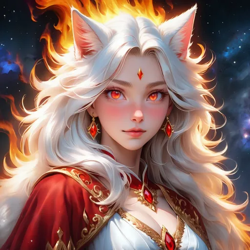 Prompt: wizard cat with {white fur} and {ruby red eyes}, senior female cat, fire element, flame, Erin Hunter, gorgeous anime portrait, beautiful cartoon, 2d cartoon, beautiful 8k eyes, elegant {red fur}, pronounced scar on chest, fine oil painting, modest, gazing at viewer, beaming red eyes, glistening red fur, low angle view, zoomed out view of character, 64k, hyper detailed, expressive, timid, graceful, beautiful, expansive silky mane, deep starry sky, golden ratio, precise, perfect proportions, vibrant, standing majestically on a tall crystal stone, hyper detailed, complementary colors, UHD, HDR, top quality artwork, beautiful detailed background, unreal 5, artstaion, deviantart, instagram, professional, masterpiece