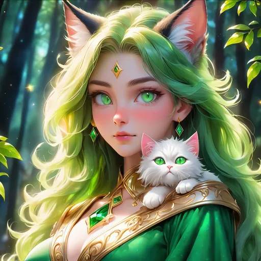 Prompt: wizard cat with {green fur} and {emerald green eyes}, senior female cat, earth element, trees, Erin Hunter, gorgeous anime portrait, beautiful cartoon, 2d cartoon, beautiful 8k eyes, elegant {green fur}, pronounced scar on chest, fine oil painting, modest, gazing at viewer, beaming green eyes, glistening green fur, low angle view, zoomed out view of character, 64k, hyper detailed, expressive, timid, graceful, beautiful, expansive silky mane, deep starry sky, golden ratio, precise, perfect proportions, vibrant, standing majestically on a tall crystal stone, hyper detailed, complementary colors, UHD, HDR, top quality artwork, beautiful detailed background, unreal 5, artstaion, deviantart, instagram, professional, masterpiece