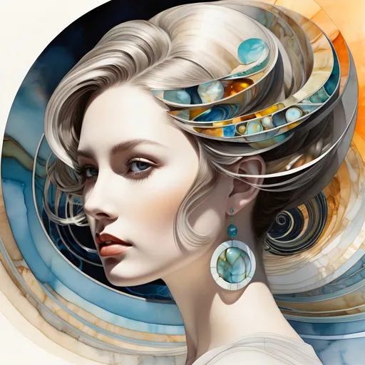Prompt: A real beautiful woman, fantasy oil and ink illustration with a ink washed watercolor finish paper cutout vertigo depth minimalism, Surrealism made of Heliocentric Robotics, Dynamic portrait, Windblown, Made of porcelain, fused glass, aluminum, steel, stoneware, citrine, opal, polished teak, and abalone shell, concentric forced perspective and ellipse patterns, fractal, intense interplay of light and shadow, cinematic lighting, chromatic aberration, subsurface scattering, vibrant and muted tones, glazed