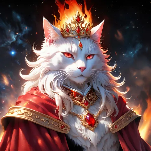 Prompt: warrior king cat with {black fur} and {ruby red eyes}, senior male cat, fire element, wearing crown and kings robes, flame, Erin Hunter, gorgeous anime portrait, beautiful cartoon, 2d cartoon, beautiful 8k eyes, elegant {red fur}, pronounced scar on chest, fine oil painting, modest, gazing at viewer, beaming red eyes, glistening red fur, low angle view, zoomed out view of character, 64k, hyper detailed, expressive, timid, graceful, beautiful, expansive silky mane, deep starry sky, golden ratio, precise, perfect proportions, vibrant, standing majestically on a tall crystal stone, hyper detailed, complementary colors, UHD, HDR, top quality artwork, beautiful detailed background, unreal 5, artstaion, deviantart, instagram, professional, masterpiece