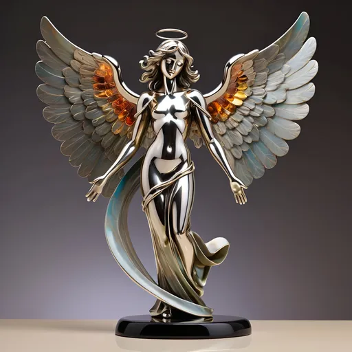 Prompt: Abstract metal tabletop sculpture in the shape of a biblical angel, platinum and onyx, bright solid colored background, high quality, metallic, modern, vibrant colors, detailed textures, professional lighting