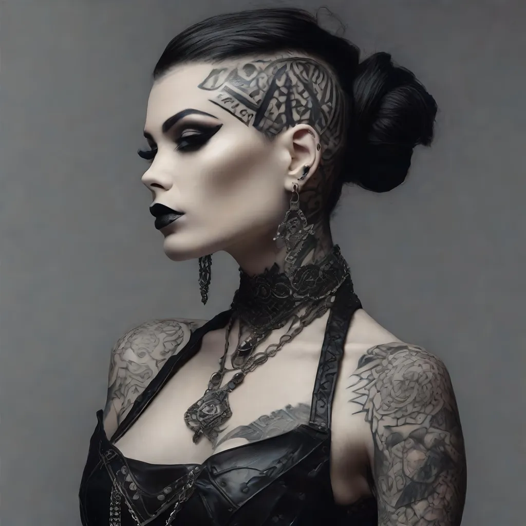 Prompt: 
A fierce and unique gothic woman with a dark aura, her body adorned with intricate tattoos and her clothing a mix of leather and lace. Her hair is styled in a dramatic updo, with hair jewelry adding to her striking appearance.