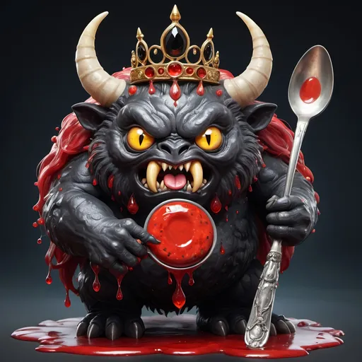 Prompt: A round behemoth with racing red slime-like skin and a yellow tongue and evil eyes with a mane of black onyx crystals holding a oversized spoon, wearing a tiara in  magical art style