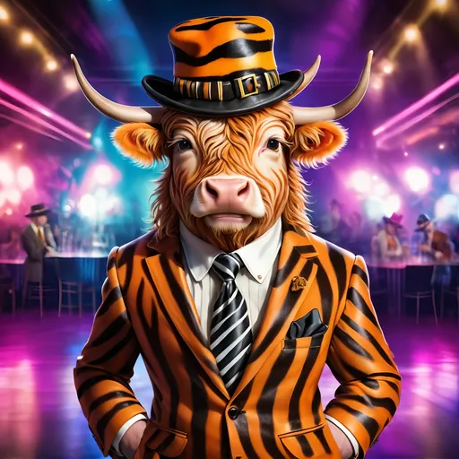 Prompt: Highland cow wearing a tiger striped suit wearing a tiger striped pimp hat and matching tie. Nightclub background.