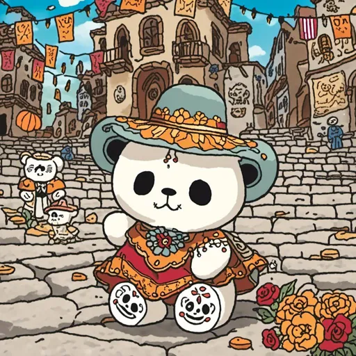 Prompt: a teddy bear dressed in dias de los muertos attire, he is surrounded by an old cobblestone city background.
<mymodel>