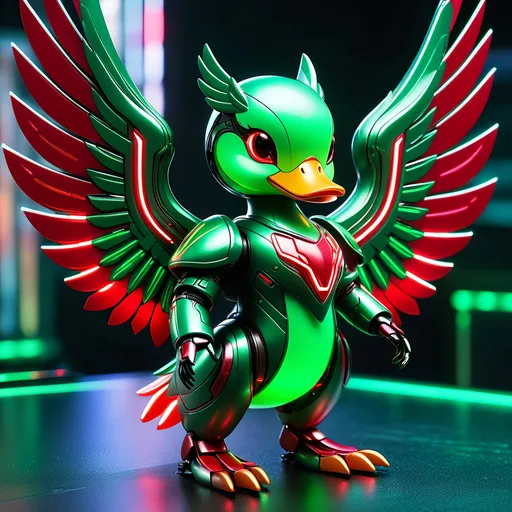 Prompt: small kawaii style duck mech, metallic and sleek design, futuristic sci-fi style, intense green and red color scheme, sparkling neon lights, mech wings, miniature scale, highres, ultra-detailed, sci-fi, futuristic, metallic sheen, intense color scheme, miniature scale, neon lights, detailed design, professional, atmospheric lighting