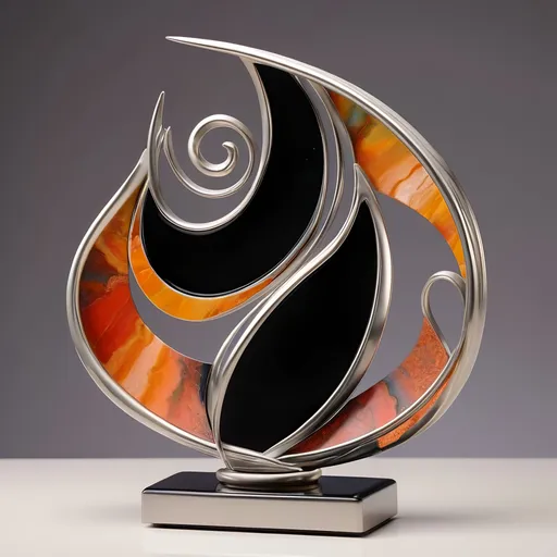 Prompt: Abstract metal tabletop sculpture, platinum and onyx, bright solid colored background, high quality, metallic, modern, vibrant colors, detailed textures, professional lighting