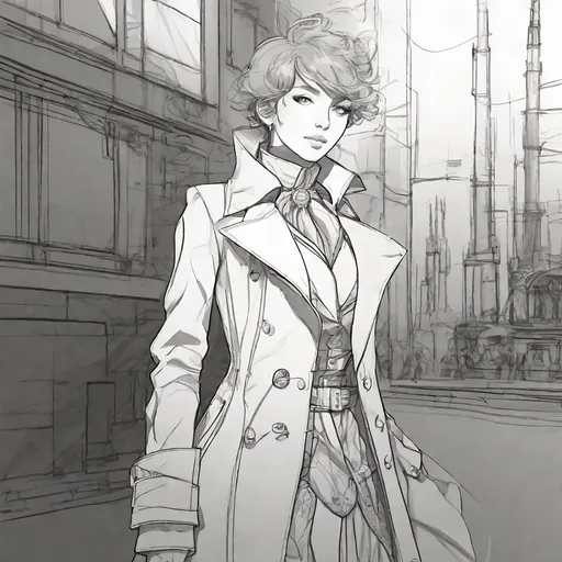 Prompt: Line drawing, concept art, red, anime, trench coat, ginger, flame hair, steampunk, victorian, sci-fi, very detailed character, backlight, backlit