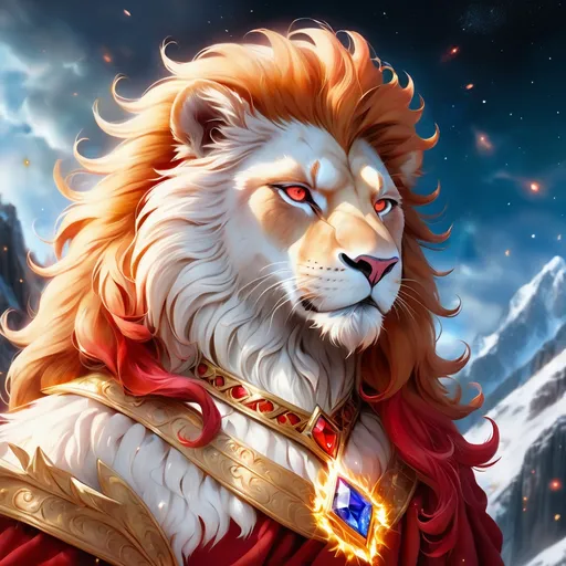 Prompt: wizard lioness with {white fur} and {ruby red eyes}, senior female lioness, fire element, flame, Erin Hunter, gorgeous anime portrait, beautiful cartoon, 2d cartoon, beautiful 8k eyes, elegant {red fur}, pronounced scar on chest, fine oil painting, modest, gazing at viewer, beaming red eyes, glistening red fur, low angle view, zoomed out view of character, 64k, hyper detailed, expressive, timid, graceful, beautiful, expansive silky mane, deep starry sky, golden ratio, precise, perfect proportions, vibrant, standing majestically on a tall crystal stone, hyper detailed, complementary colors, UHD, HDR, top quality artwork, beautiful detailed background, unreal 5, artstaion, deviantart, instagram, professional, masterpiece