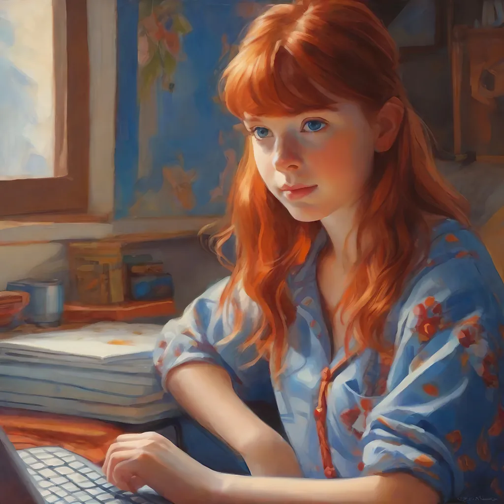 Prompt: 13 years old girl, Portuguese, pale skin, red hair, bangs, blue eyes, nerdy, pajamas, pc gamer, stylized, no hands, close up, extremely detailed painting by Greg Rutkowski by Steve Henderson