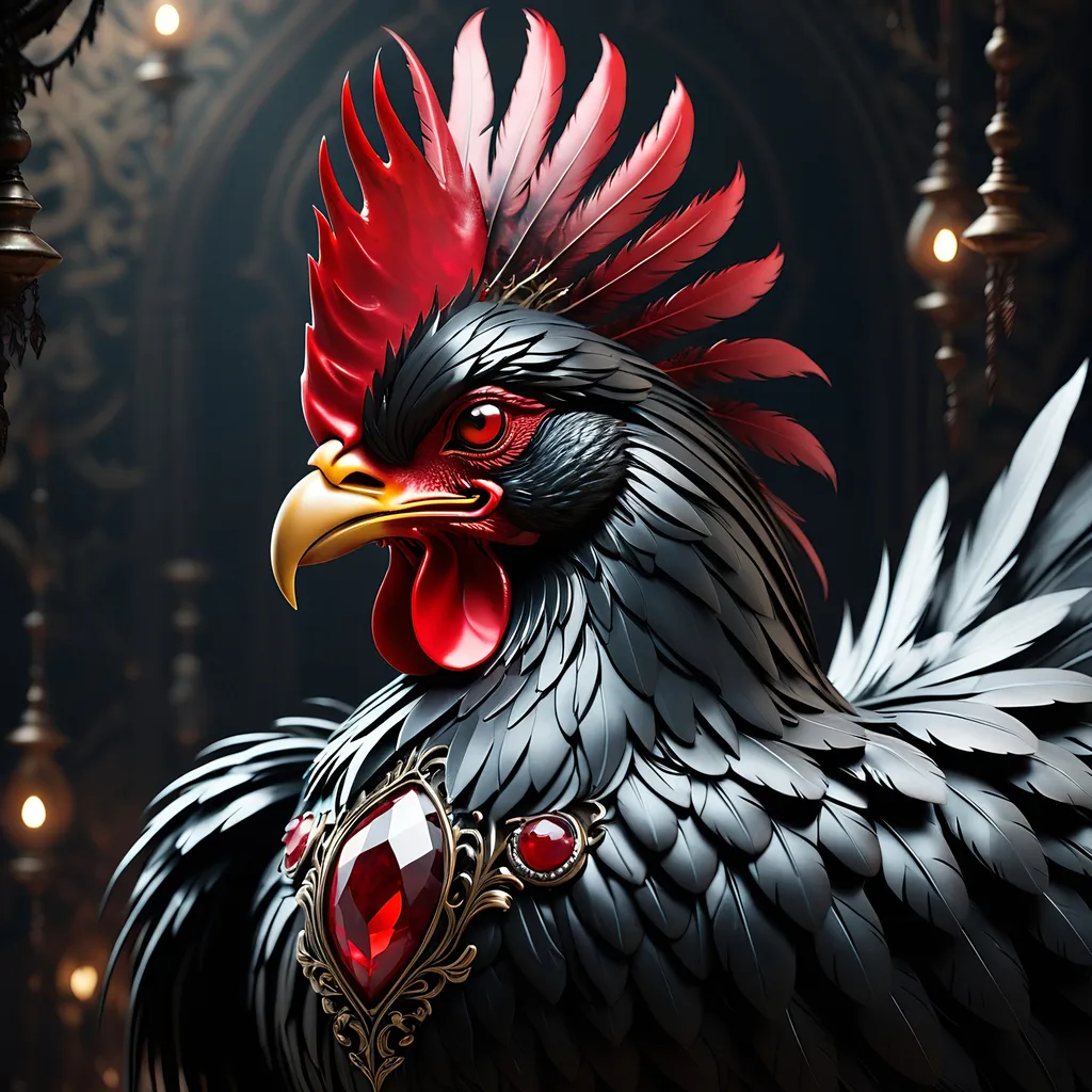 Prompt: Sinister rooster made of onyx and rubies, dark and foreboding atmosphere, high quality, gothic, detailed feathers, menacing gaze, glowing ruby eyes, onyx body with intricate details, shadowy lighting