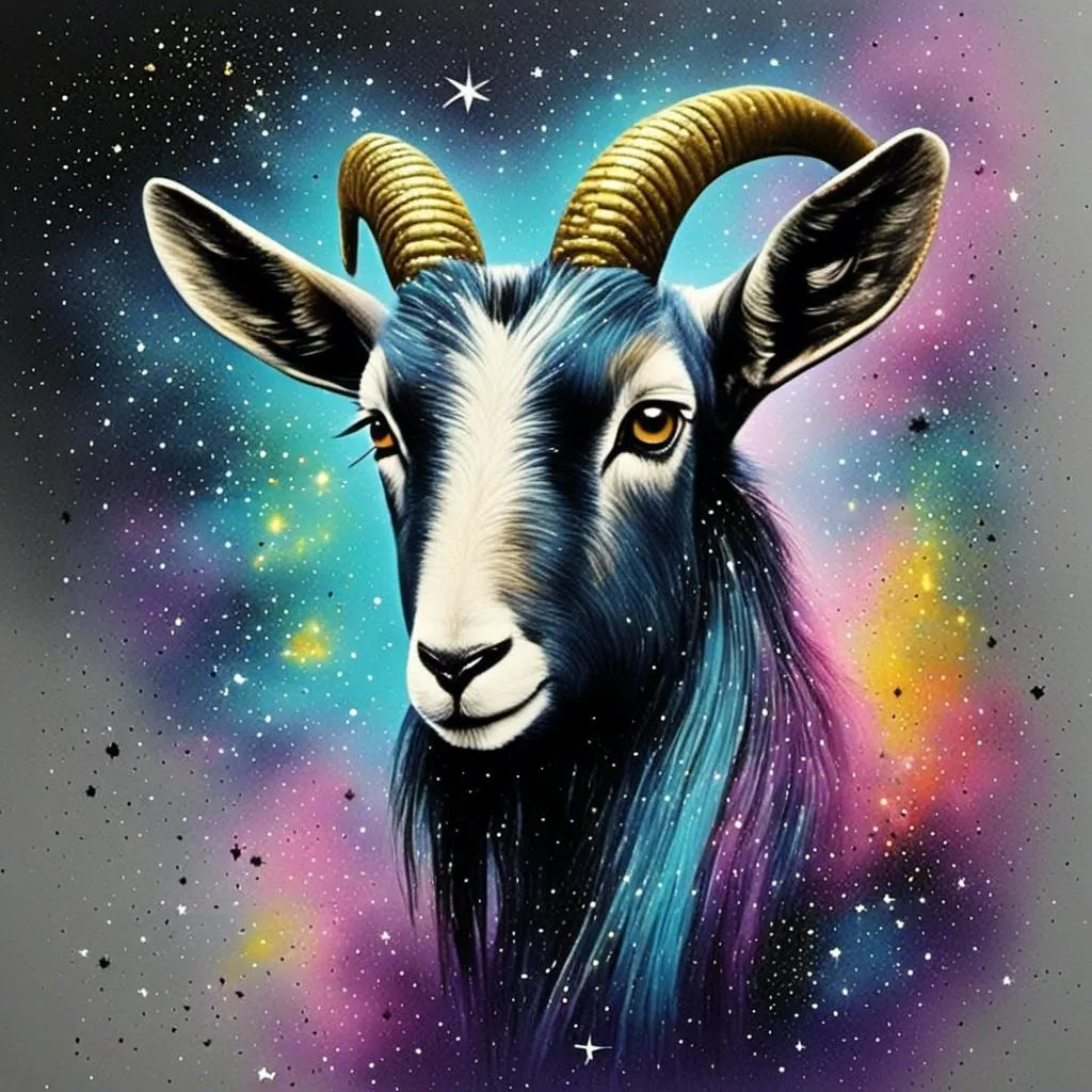 Prompt: <mymodel> Neon Mist Goat. Paint splatter. Soul. Cosmic. Explosion. Glitter. Stars. Galaxy. Pulsar.