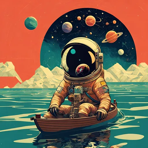 Prompt: An astronaut sitting in a wooden boat in dark space water, pop art, planets, vibrant lighting, elegant, highly detailed, smooth, sharp focus, illustration, beautiful, geometric, full body, cinematic, artwork by borovikovsky, pop art,
