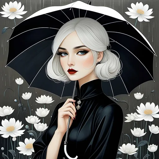 Prompt: illustration of lovely pretty girl holding an umbrella, in the style of surrealist-inspired works, gothic neo-pop surrealism, Hayv Kahraman, Anselm Kiefer, Jamie Heiden, Lotta Jansdotter, dark white and black, rain, metropolis with flowers background , jewelry by painters and sculptors, vienna secession, elegant, emotive faces, bubble goth, subtle playfulness