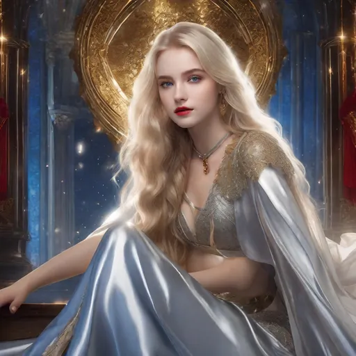 Prompt: beautiful girl age 18, pale skin delicate features, shy smile, perfect face, blue eyes, long flowing blonde hair, shiny silver tunic with high collar, gold metallic corset, short silver skirt, ((flowing red cloak tied at the neck)), silver heels, full length, 8K photo, key light.