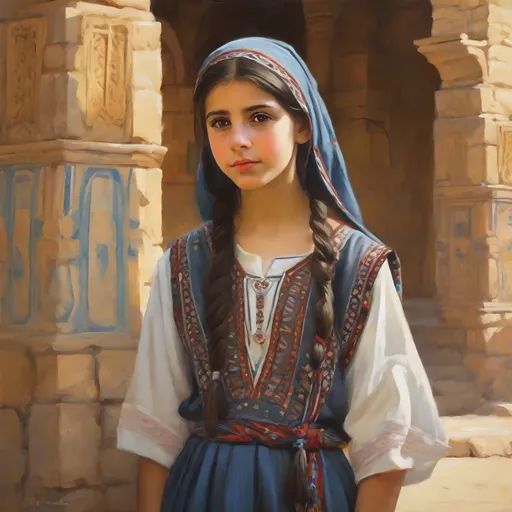 Prompt: A 13 years old Syrian girl, pale skin, black hair, pigtails, brown eyes, traditional Syrian dress, Old Damascus, photorealistic, extremely detailed painting by Greg Rutkowski by Steve Henderson
