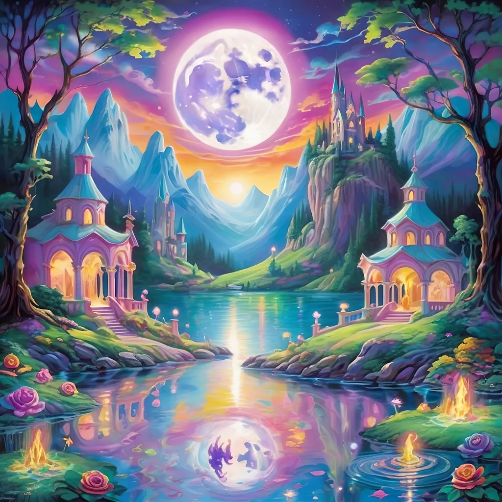 Prompt: Lisa Frank's style portrays a medieval legend where ethereal beings, illuminated as will-o'-the-wisps, dance around an ancient, moonlit lake. The scene is rich in romantic symbolism, with the will-o'-the-wisps depicted as delicate, ghostly figures. Their dance creates a mesmerizing pattern of light, leading the viewer's eye through the mystical, moonlit waterscape. 