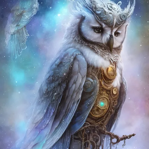 Prompt: ""<lora:Cosmic steampunk:1.0> Dreamy cloudy effect romantic very large white owl with icy snow background, sitting on a snow covered branch with icicles hanging from the branch, stylized, iridescent, intricate, fantastic, fantasia, fantasy, dreamy, watercolor, flared edges, beautiful bright white"