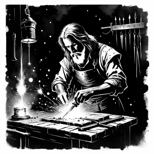 Prompt: Black and White Blacksmith, small detailed golden sparks, medieval grunge, in the style of Darkest Dungeon, Brooks Gordon, Stephen Gammell, Peter Max 