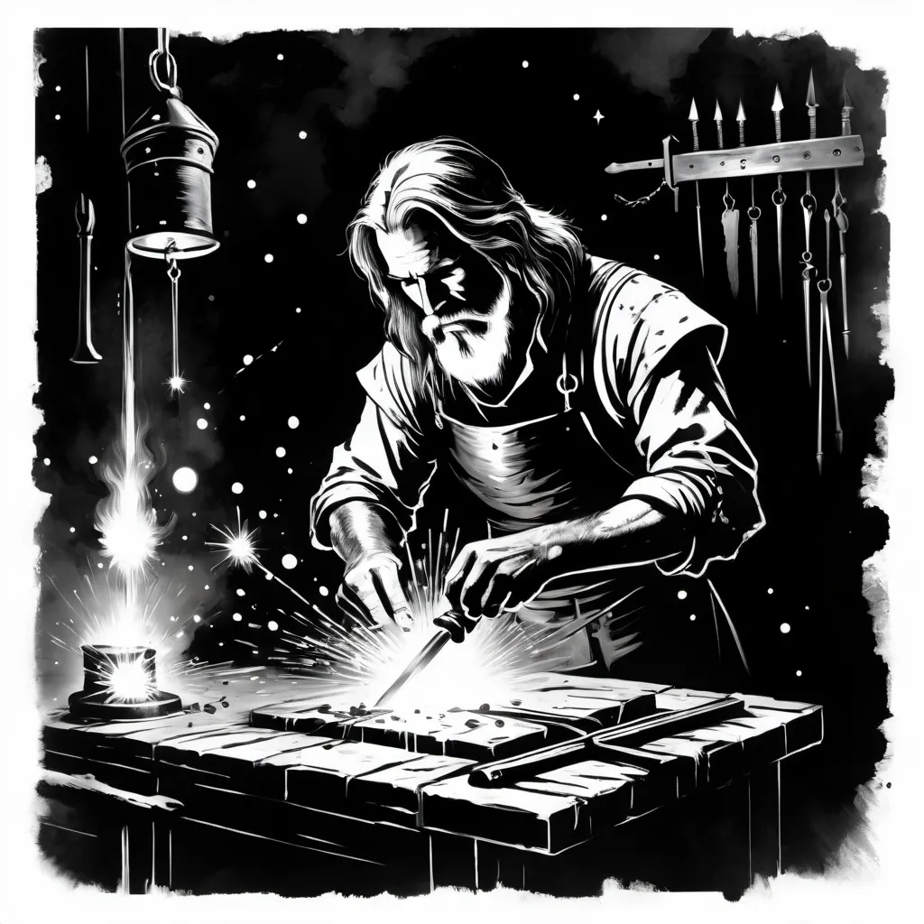 Prompt: Black and White Blacksmith, small detailed golden sparks, medieval grunge, in the style of Darkest Dungeon, Brooks Gordon, Stephen Gammell, Peter Max 