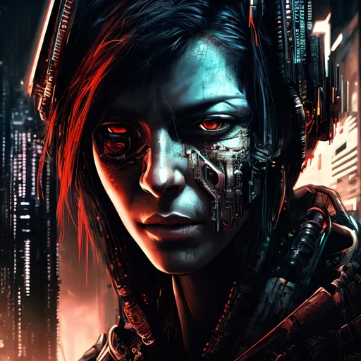 Prompt: Futuristic refugee in cyberpunk style, detailed facial features, highres, cyberpunk, dystopian, refugee, futuristic, detailed eyes, dramatic red lighting, warm tones, futuristic, urban setting, intense gaze, detailed clothing, dramatic shadows