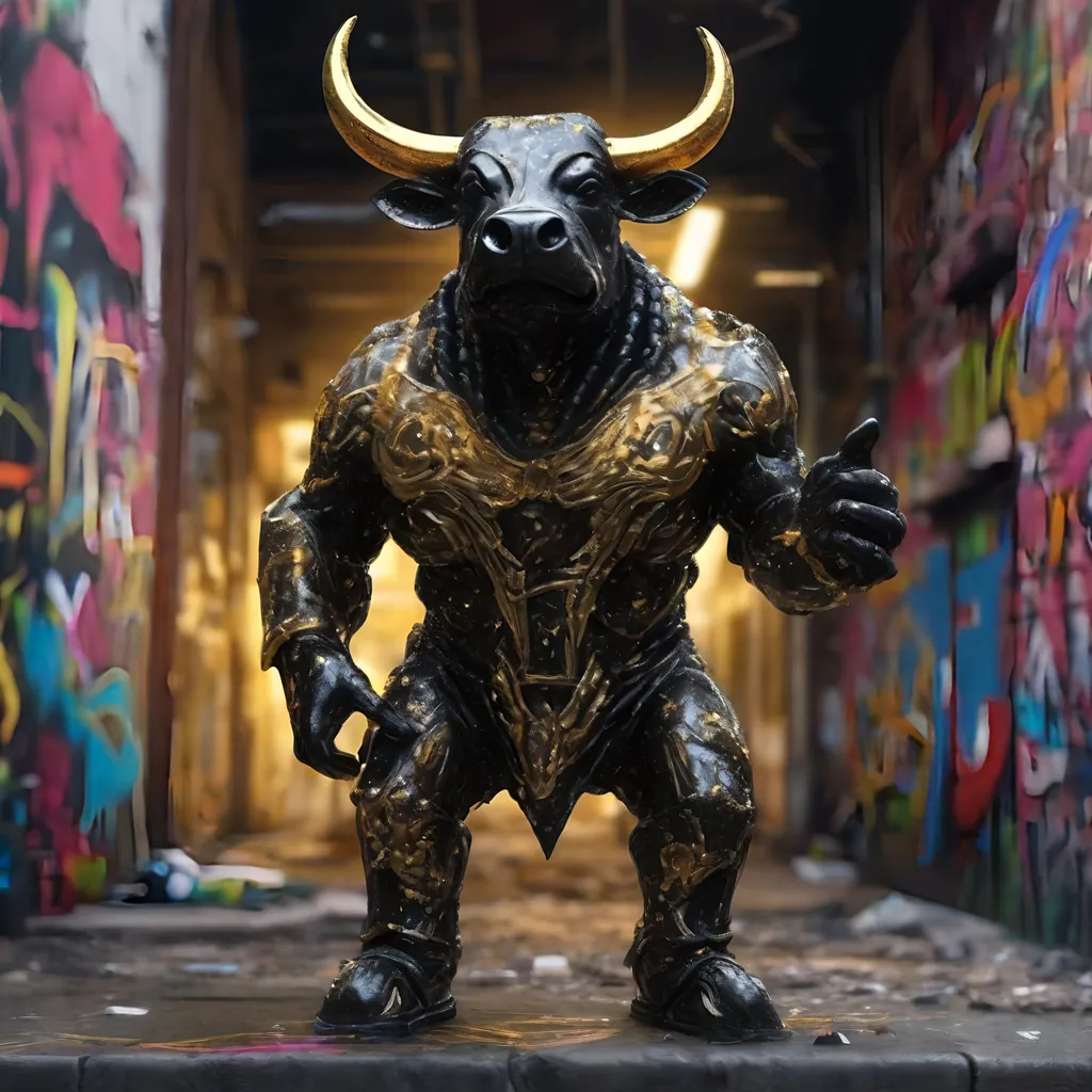 Prompt: A black and gold translucent dwarf bull humanoid made of black metal, graffiti all over it, standing up in the ghetto, highly detailed painting, photorealistic, sparkles, magical atmosphere, 8k