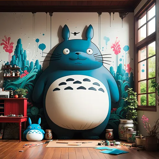 Prompt: studio ghili scene of graffiti in house spirited away combined with totoro 