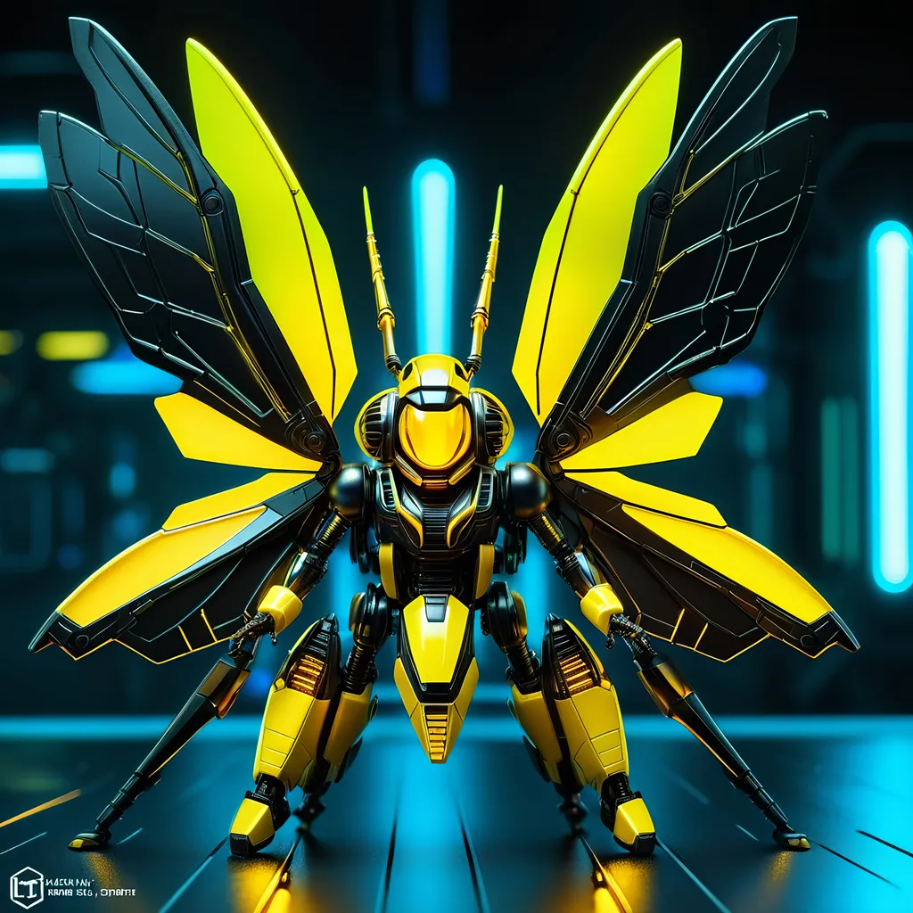 Prompt: Tiny hornet mech, metallic and sleek design, futuristic sci-fi style, detailed mechanical wings, intense yellow and black color scheme, sparkling neon lights, miniature scale, highres, ultra-detailed, sci-fi, futuristic, metallic sheen, mechanical wings, intense color scheme, miniature scale, neon lights, detailed design, professional, atmospheric lighting