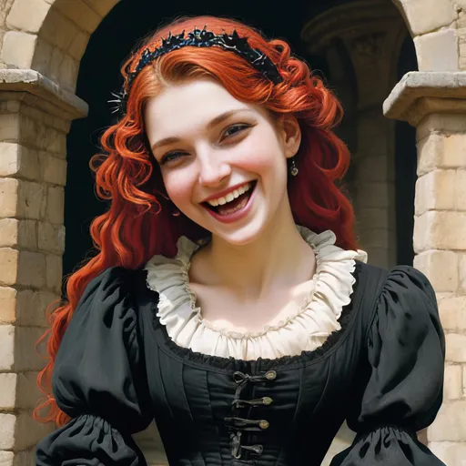 Prompt: botticelli beautiful goth punk rock woman medieval grunge rebellion laughing smile 