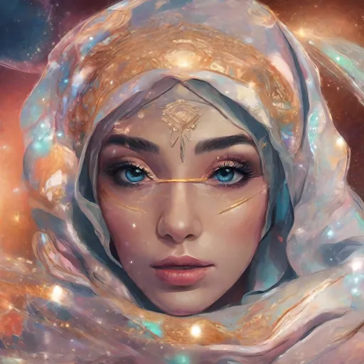 Prompt: Beautiful woman in hijab shooting galaxies from her eyes, digital illustration, cosmic atmosphere, intense gaze, flowing hijab with cosmic patterns, vibrant and dreamy, high quality, cosmic digital art, radiant colors, ethereal lighting