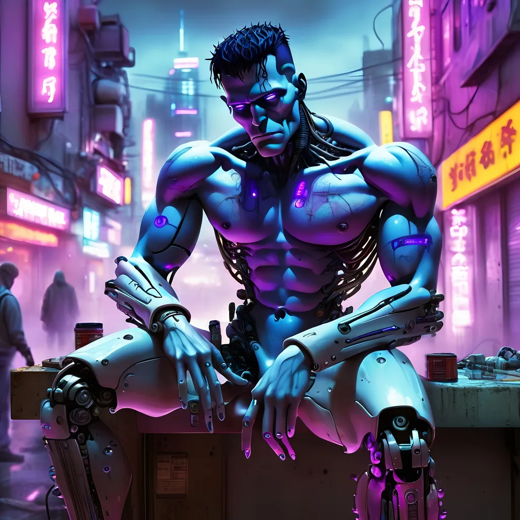 Prompt: Cyberpunk Frankenstein with technological modifications, futuristic setting, high-tech enhancements, neon-lit cityscape, detailed robotic limbs, intense and haunting gaze, electric blue and neon purple tones, gritty urban atmosphere, highres, ultra-detailed, cyberpunk, futuristic, detailed robotic limbs, haunting gaze, electric blue tones, neon purple tones, gritty atmosphere, high-tech enhancements