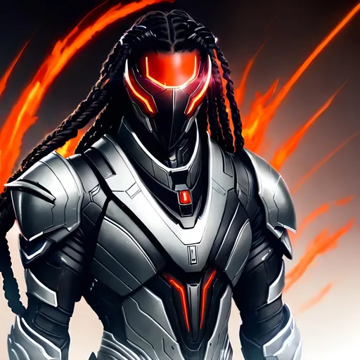 Prompt: lean black male with long braided hair and a scarred face, wearing silver biomechanical warframe armor. he is surrounded by glowing red mist. Behance HD, airbrush art