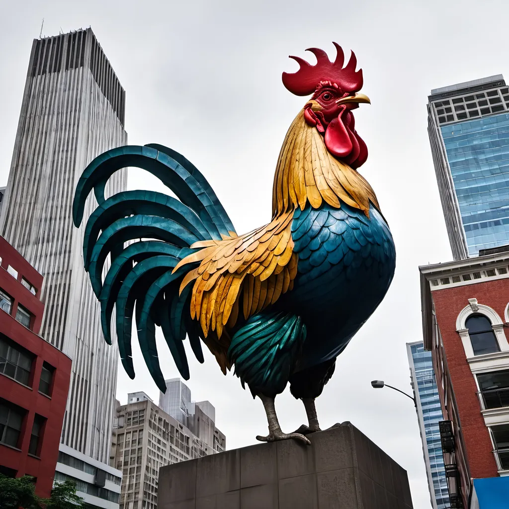 Prompt: Giant Rooster Looming over a city block.