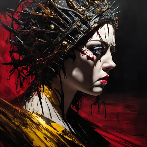 Prompt: Lady Macbeth with fierce ambition and ruthless determination, bold reds, blacks, and golds, sharp lines, dramatic angles, neon crown, high contrast, oil painting, detailed facial features, intense gaze, regal posture, dark and atmospheric lighting, highres, high quality, dramatic, Shakespearean, royal, powerful, intense colors, emotional, professional