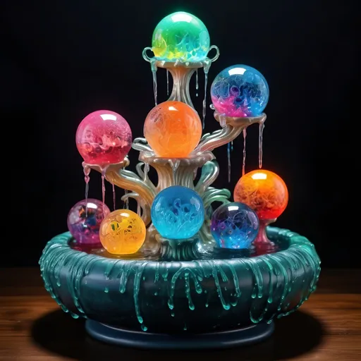 Prompt: Four-way fountain with strange glowing dancing crystal spheres, colorful dripping slime, zen tangle art style, high quality, detailed, glowing crystals, colorful slime, intricate zen tangle art, vibrant, surreal lighting