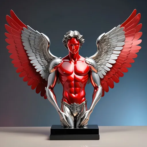 Prompt: Abstract metal tabletop sculpture in the shape of a male angel with wings the glow red, platinum and onyx body, bright solid colored background, high quality, metallic, modern, vibrant colors, detailed textures, professional lighting, symmetry 