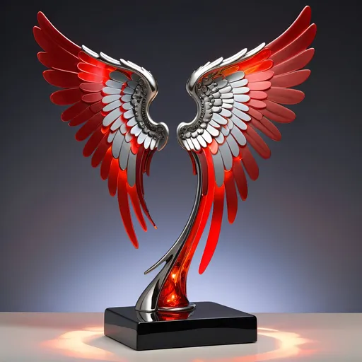 Prompt: Abstract metal tabletop sculpture in the shape of male angel wings glowing hot red, platinum and onyx, bright solid colored background, high quality, metallic, modern, vibrant colors, detailed textures, professional lighting