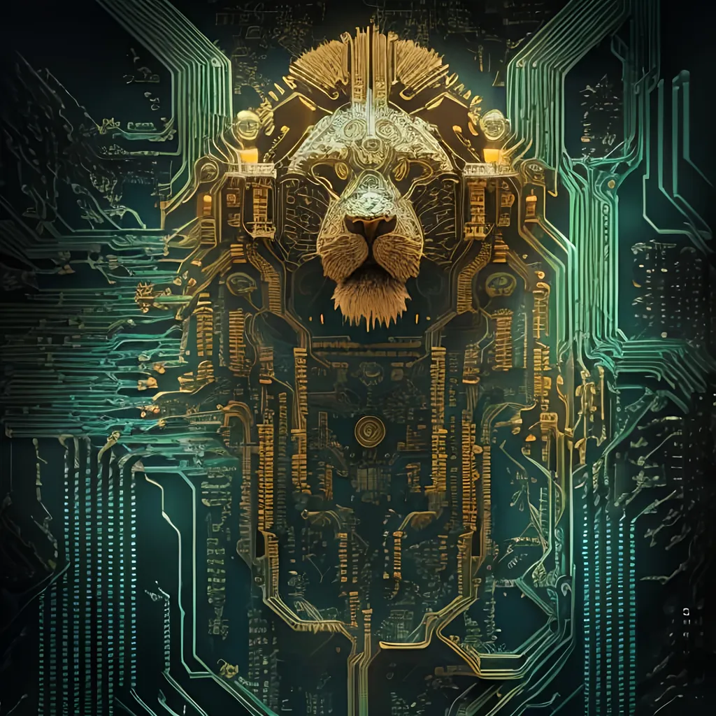 Prompt: Detailed illustration of a lion's head, circuit board, techno internet style, intricate circuitry details, high quality, cyberpunk, futuristic, lion's head, circuit board, intricate details, professional, futuristic, internet style, highres, ultra-detailed, cool tones, atmospheric lighting